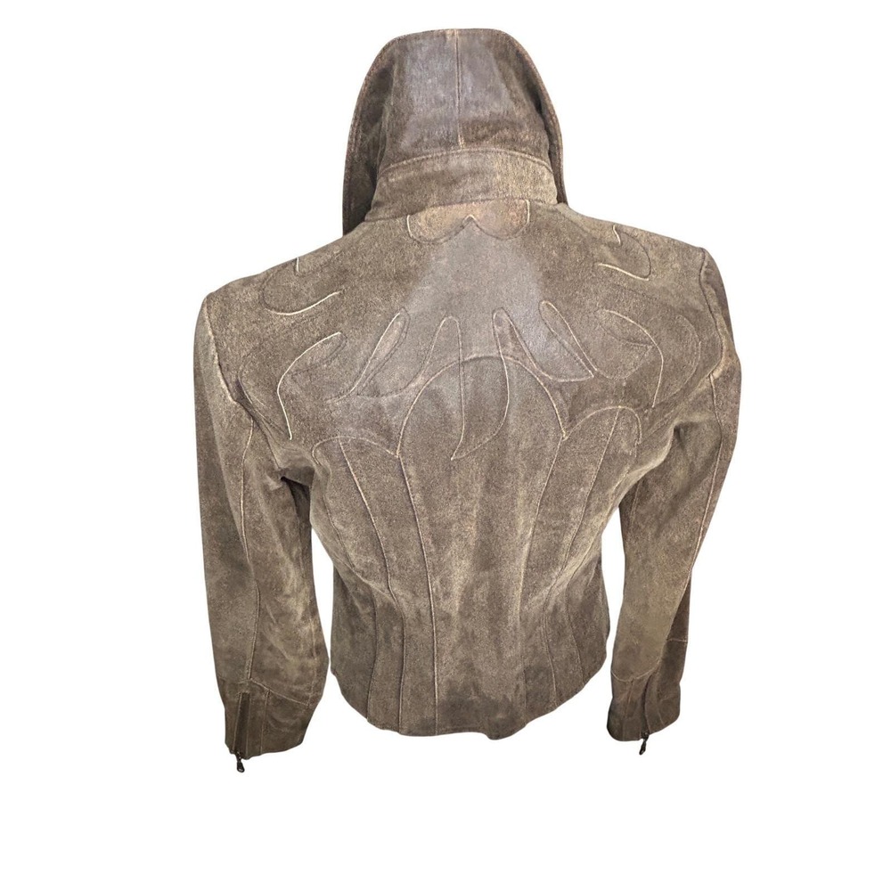 Vintage Leather Jacket Womens M Brown Distressed Flame Embroidery Western Good - Picture 4 of 17